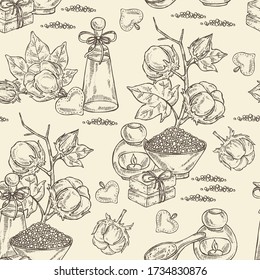 Seamless pattern with cotton, cotton plant, soap and bath salt . Cosmetic and medical plant. Vector hand drawn illustration. 