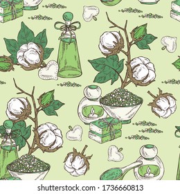 Seamless pattern with cotton, cotton plant, soap and bath salt . Cosmetic and medical plant. Vector hand drawn illustration. 