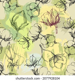 Seamless pattern cotton plant. Vector illustration spring, summer, autumn background. Contemporary Scandinavian design.