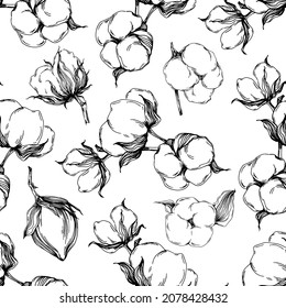 Seamless Pattern Cotton Plant. Vector Illustration Spring, Summer, Autumn Background. Contemporary Scandinavian Design.