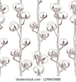 Seamless pattern with cotton stalks.
Sketch illustration growing cotton.