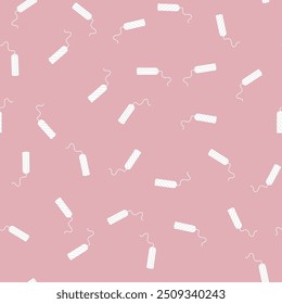 Seamless pattern with cotton tampons. Feminine hygiene. Personal hygiene item for menstruation. Texture with female tampon with applicator. Wallpaper, design template. flat vector illustration