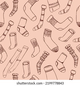 Seamless pattern with cotton and woolen socks with different textures isolated on white background. Bundle of trendy clothing items. Modern garment or apparel set. Line art vector illustration.