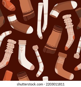 Seamless pattern with cotton and woolen socks with different textures isolated on white background. Bundle of trendy clothing items. Modern garment or apparel set. Flat cartoon vector illustration.