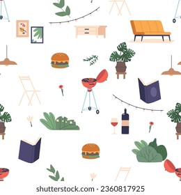 Seamless Pattern with Couch, Book, Barbecue Grill And Table With Chair, Burger, Bushes, Houseplant, Light Garland
