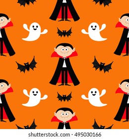 Seamless Pattern Count Dracula, flying bat, ghost spirit . Cute cartoon vampire character with fangs. Happy Halloween texture. Flat design. Orange background. Vector illustration.