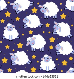 Seamless pattern of counting sheep to fall asleep. Cartoon happy jumping sheep for baby. Vector background 