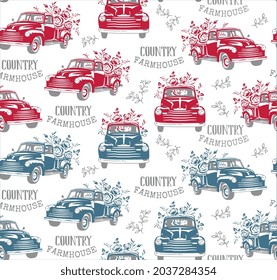 Seamless pattern of country farmhouse red and blue truck 