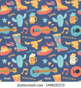 Seamless pattern with country music elements. Music background. Vector flat hand drawn doodle illustration.
