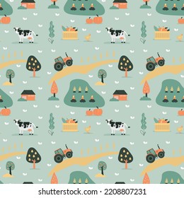 Seamless Pattern With Countryside, Farmland View. Eco Organic Food And Adorable Animals. Funny Texure With Rural View, Fields. Wallpaper, Decoration. Flat Vector Illustration