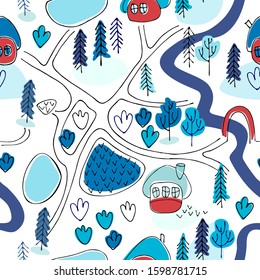 Seamless pattern. Countryside map in cartoon style. Winter landscape. Perfect for kids design projects