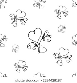 Seamless pattern Couple of black outline hearts. Hand drawn doodle texture for textile, wrapping paper on the Valentine day or wedding. Vector Illustration