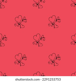 Seamless pattern Couple of black outline hearts. Hand drawn doodle texture for textile, wrapping paper on the Valentine day or wedding. Vector Illustration