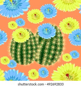 seamless pattern with a couple of cactus flowers on orange background vector illustration