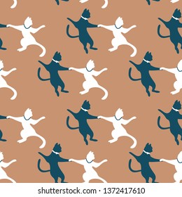 Seamless pattern with couple of cats dancing swing silhouettes