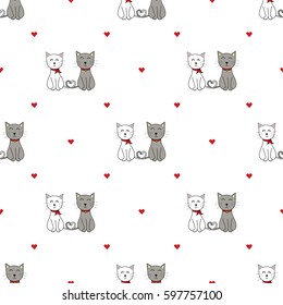 Seamless pattern with couple of cats and heart shapes, hand drawn style