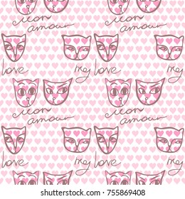 Seamless pattern with a couple of cats in love and inscriptions about love in French and English with a background of small pink hearts. Vector image.