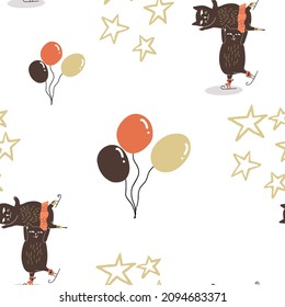 Seamless pattern, couple of cats skating, stars, balls, figure skating, Valentine's Day, marriage proposal, wedding, declaration of love