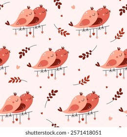 Seamless pattern of a couple of cute birds on a garland with hearts. Valentine's Day. Love, romance, relationships. Vector illustration