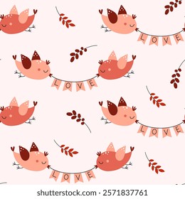 Seamless pattern of a couple of cute birds with a flag garland. Valentine's Day. Love, romance, relationships. Vector illustration