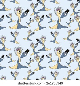 Seamless pattern with couple of cute cartoon monsters. Vector illustration