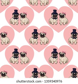 Seamless pattern with a couple of cute pugs and a pink heart on white background. Vector dog illustration. Endless texture with funny cartoon dogs for your design