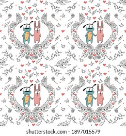 Seamless pattern of a couple, a dog and a hare, in a wreath of branches.