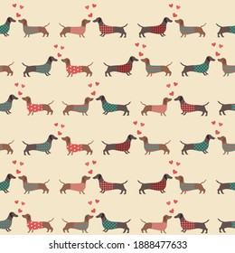 Seamless pattern couple of dressed  dachshunds  with red hearts. Love, Vector illustration. 