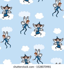 Seamless pattern of couple of fairytale elves in cloud sky