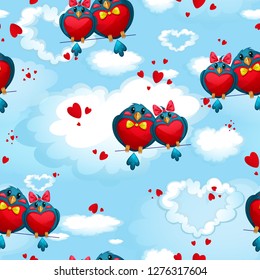 Seamless pattern with a couple of funny birds in the form of hearts against the sky and clouds. Valentine's Day.