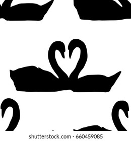seamless pattern couple of geese making heart with neck silhouette - vector illustration hand drawn with black lines, isolated on white background