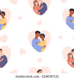 Seamless pattern with couple in love. Happy black and fair-skinned enamored people on white background with hearts. Vector illustration. Romantic endless background, valentine packaging.