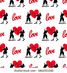 Seamless pattern with a couple in love holding a heart.Background for Valentine's Day.