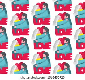 Seamless pattern with couple of man and woman in romantic hug. Love with heart vector illustration. Endless wallpaper for St Valentines day.