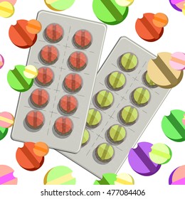 seamless pattern with a couple medical tablets in packing on a white background vector illustration