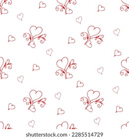Seamless pattern Couple of red outline hearts. Hand drawn doodle texture for textile, wrapping paper on the Valentine day or wedding. Vector Illustration