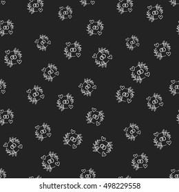 Seamless pattern with couple of rings and twigs. Decorative design for eco forest wedding or autumn celebrations. Rustic floral symbols and elements on black chalkboard.