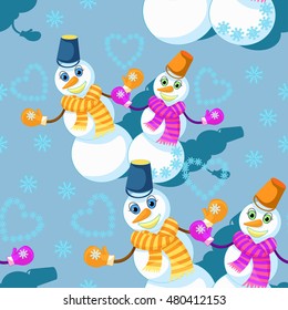 seamless pattern with a couple of snowman in scarf, mittens, and a bucket on a blue background vector illustration