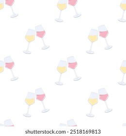 Seamless pattern with a couple of wine glasses, pink drink on a white background. Stylish vector design for wrapping packing, wine list, menu, cocktail list, alcohol boutiques, restaurant, cafe