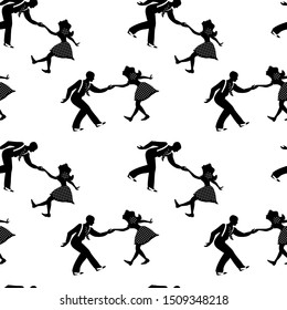 Seamless pattern with couples dancing jazz. Black and white colors. 1940s and 1930s style. Woman in dress with dots and man with suspenders and tie.