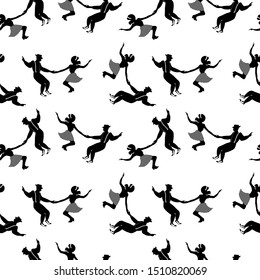 Seamless pattern with couples dancing jazz. Black and white colors. 1940s and 1930s style. Woman in skirt with dots and man with suspenders and hat.