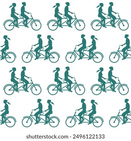 Seamless pattern with couples riding tandem bicycles.