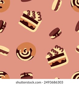 seamless pattern covered cakes, candy, marshmallows, donuts. Template for Notebook covers, for wallpapers, textile or for cafe, bakery. hand-drawn vector elements. Cute sweet food. World chocolate day