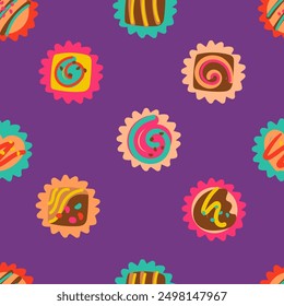 Seamless pattern covered cakes and candy. Template for Notebook covers, pattern for wallpapers, textile or for cafe, bakery. hand-drawn vector elements. Cute sweet food. National dessert day