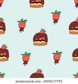 seamless pattern covered cakes with strawberry. Template for Notebook covers, pattern for wallpapers, textile or for cafe, bakery. hand-drawn vector elements. Cute sweet food. World chocolate day