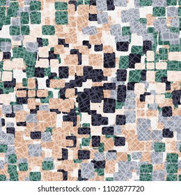 A seamless pattern covered with a chaotic network. The texture is made up of multi-colored spots. Camouflage is for dudes.