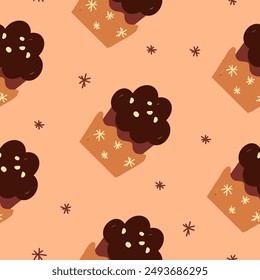 tortas de chocolate sin costura. Plantilla para cubiertas de cuaderno, patrón para Fondos de pantalla, textiles o para café, panadería. Elementos de Vector dibujados a mano. Linda comida dulce deliciosa. Día mundial del chocolate