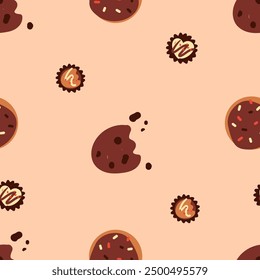 seamless pattern covered cookies, cakes, candy. Template for Notebook covers, for wallpapers, textile or for cafe, bakery. hand-drawn vector elements. Cute sweet food. World chocolate day. Dessert day