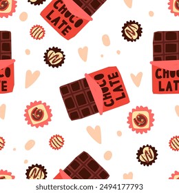 seamless pattern covered dark chocolate and candy. Template for Notebook covers, for wallpapers, textile or for cafe, bakery. hand-drawn vector elements. Cute sweet delicious food. World chocolate day