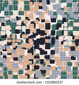 A seamless pattern covered with a network consisting of small squares. The texture is made of multi-colored spots. Camouflage for wearing on vacation.